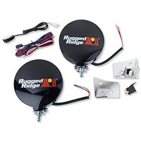 Rugged Ridge 2 Windshield Mount Lights, Black, 100W, Stainless Steel Mounts w/Wiring Harness (07-13 Wrangler JK 4 Door) - Rugged Ridge 12496.07