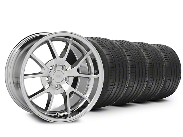 Staggered FR500 Style Chrome Wheel and Sumitomo Maximum Performance HTR Z5 Tire Kit; 18x9/10 (99-04 Mustang)