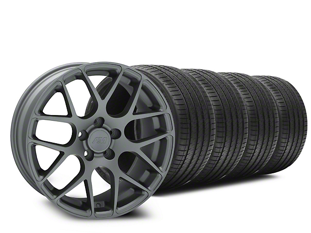 Staggered AMR Charcoal Wheel and Sumitomo Maximum Performance HTR Z5 Tire Kit; 18x8/9 (99-04 Mustang)