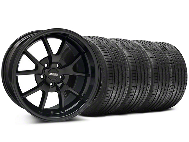 Staggered FR500 Style Gloss Black Wheel and Sumitomo Maximum Performance HTR Z5 Tire Kit; 18x9/10 (99-04 Mustang)