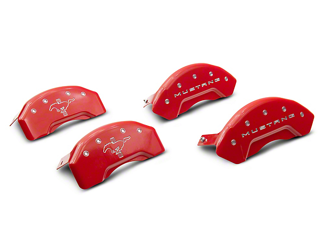 MGP Red Caliper Covers with Tri-Bar Pony Logo; Front and Rear (15-22 Mustang Standard EcoBoost, V6)