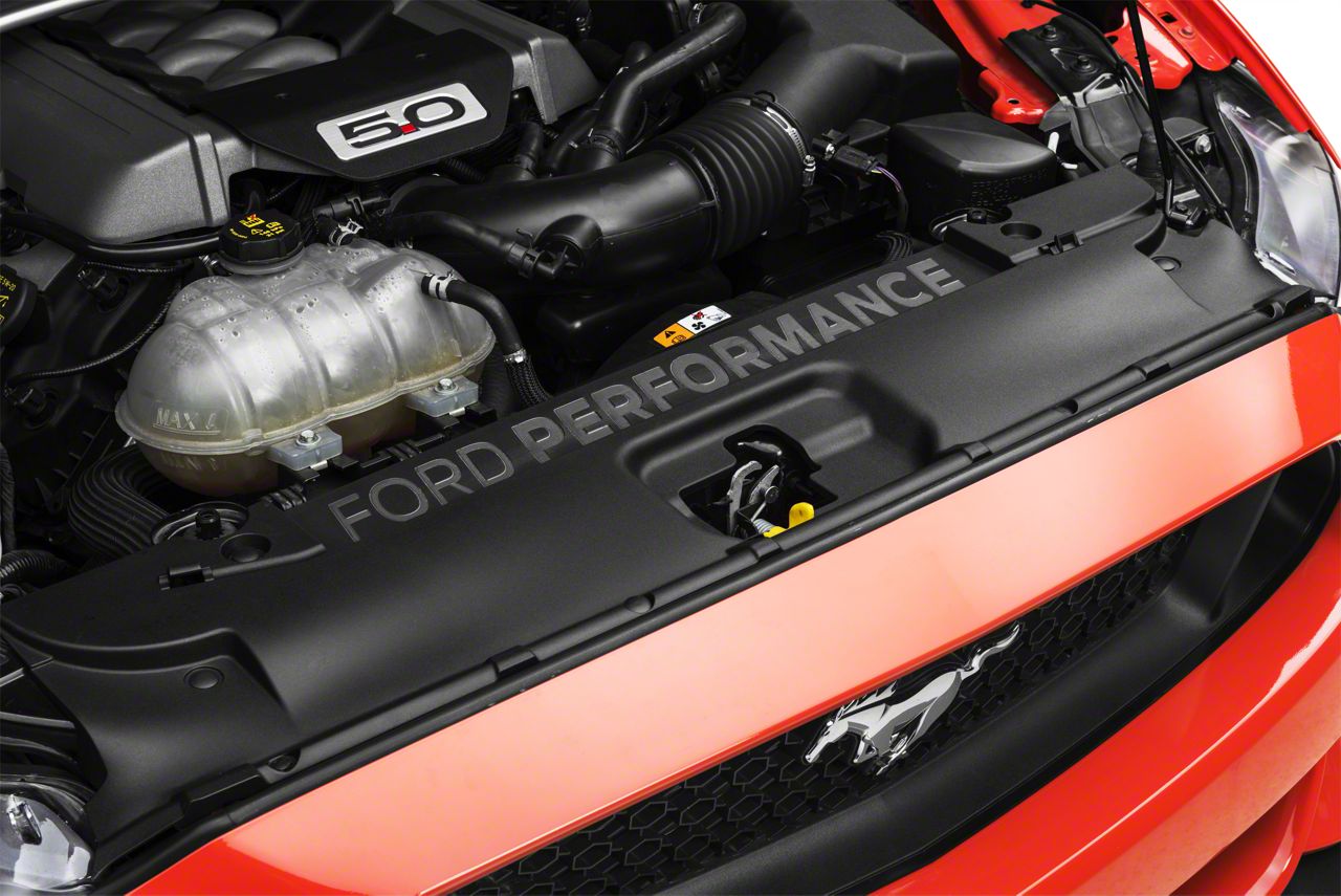 ford performance mustang radiator cover w ford performance logo m 8291 fp 15 17 gt ecoboost v6 ford performance radiator cover with ford performance logo 15 17 gt ecoboost v6