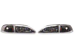 1-Piece Crystal Headlights; Matte Black Housing; Clear Lens (94-98 Mustang)