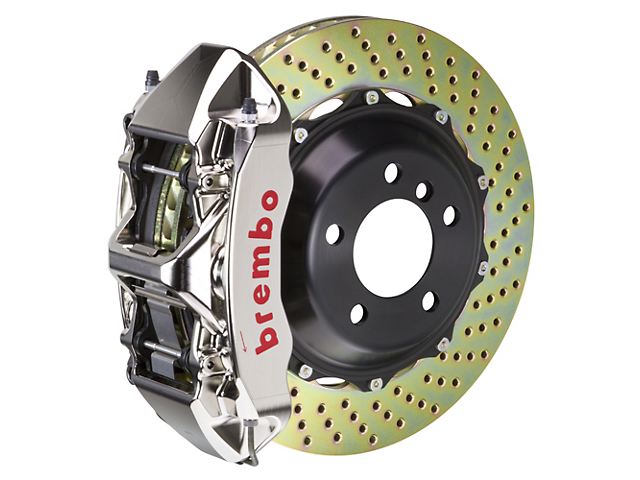 Brembo GT Series 6-Piston Front Big Brake Kit with 14-Inch 2-Piece Cross Drilled Rotors; Nickel Plated Calipers (94-04 Mustang)