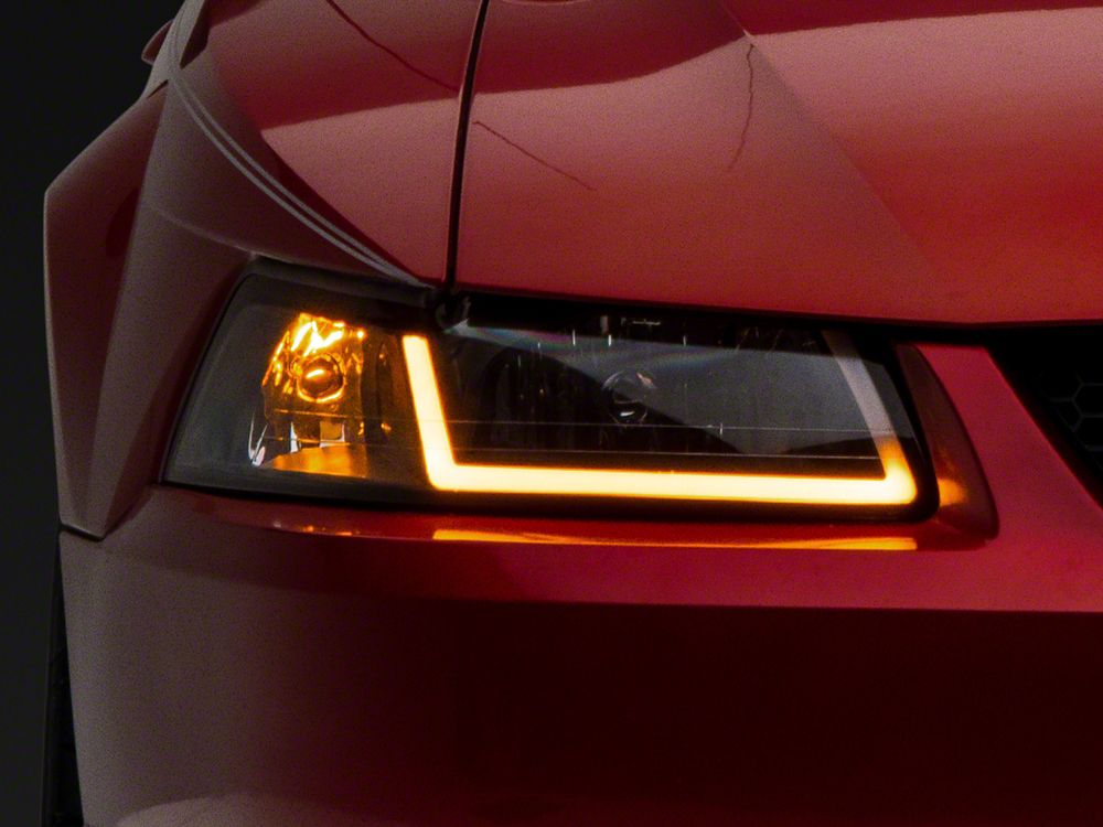Raxiom Axial Series Headlights with Sequential LED Bar Black Housing Clear Lens 99 04 Mustang