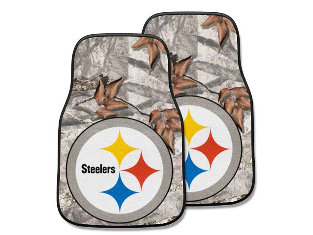 Carpet Front Floor Mats with Pittsburgh Steelers Logo; Camo (Universal; Some Adaptation May Be Required)