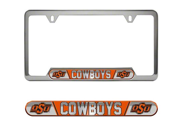 Embossed License Plate Frame with Oklahoma State University Logo; Orange (Universal; Some Adaptation May Be Required)