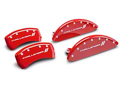 MGP Red Caliper Covers with Challenger Stripes Logo; Front and Rear (11-22 Challenger R/T; 2014 Challenger Rallye Redline; 17-22 Challenger GT, T/A; 12-22 Challenger SXT w/ Dual Piston Front Calipers)