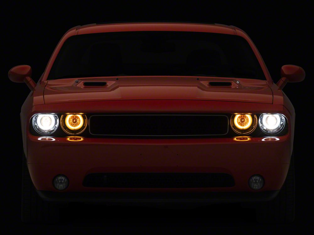 Raxiom Dual LED Halo Projector Headlights Black Housing Clear Lens 08 14 Challenger w Factory Halogen Headlights Raxiom