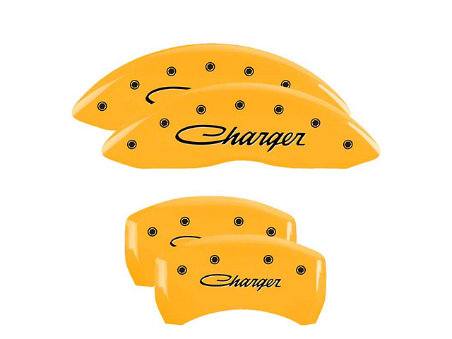 MGP Yellow Caliper Covers with Cursive Charger Logo; Front and Rear (09-10 Challenger R/T)