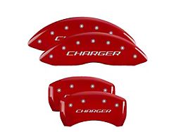 MGP Red Caliper Covers with Charger Logo; Front and Rear (11-22 Challenger R/T; 2014 Challenger Rallye Redline; 17-22 Challenger GT, T/A; 12-22 Challenger SXT w/ Dual Piston Front Calipers)