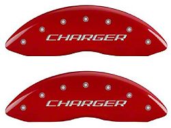MGP Red Caliper Covers with Charger and R/T Logo; Front and Rear (11-23 Challenger R/T; 2014 Challenger Rallye Redline; 17-23 Challenger GT, T/A; 12-23 Challenger SXT w/ Dual Piston Front Calipers)