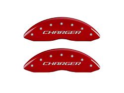 MGP Red Caliper Covers with Charger Logo; Front and Rear (2011 SE; 11-14 Challenger R/T w/ Single Piston Front Calipers; 12-22 Challenger SXT w/ Single Piston Front Calipers)