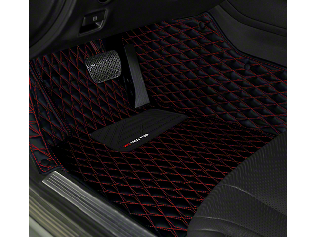 Single Layer Diamond Front and Rear Floor Mats; Black and Red Stitching (15-23 Mustang)