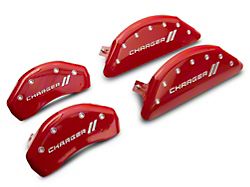 MGP Red Caliper Covers with Charger Stripes Logo; Front and Rear (11-22 R/T; 12-22 SXT w/ Dual Piston Front Caliper; 15-17 SE AWD; 18-22 Daytona, GT)
