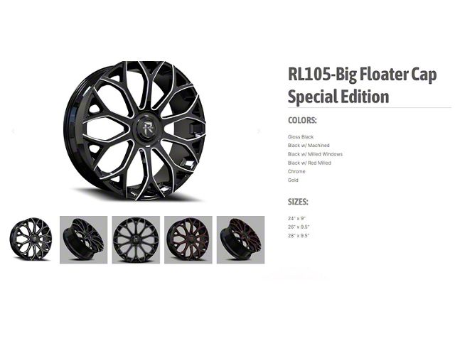 Revenge Luxury Wheels RL-105 Big Floater Gloss Black 6-Lug Wheel; 28x9.5; 25mm Offset (16-23 Tacoma)