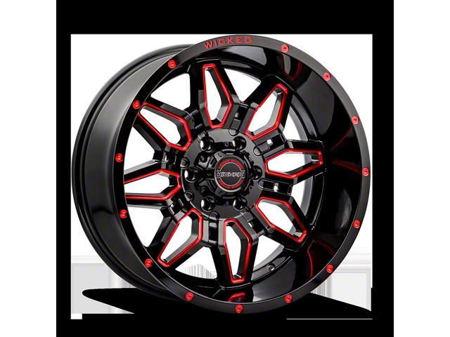 Wicked Offroad W909 Gloss Black Milled with Red Tint 6-Lug Wheel; 20x10; -24mm Offset (16-24 Titan XD)