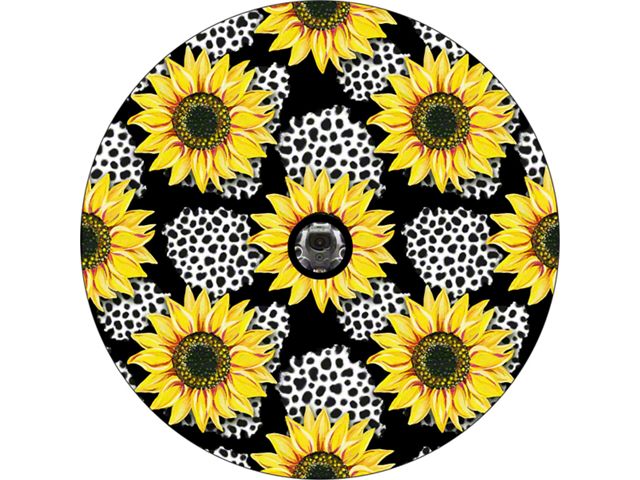 Sunflowers with Leopard Print Spare Tire Cover with Camera Cutout; Black (21-24 Bronco)