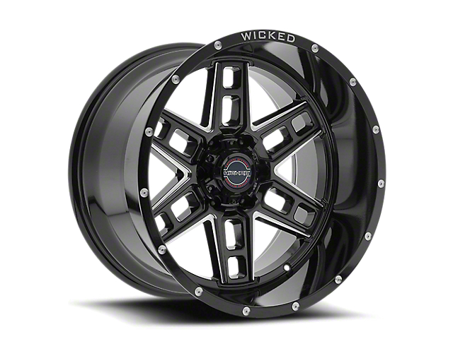 Wicked Offroad W906 Gloss Black Milled 6-Lug Wheel; 20x9; -12mm Offset (21-23 Bronco, Excluding Raptor)