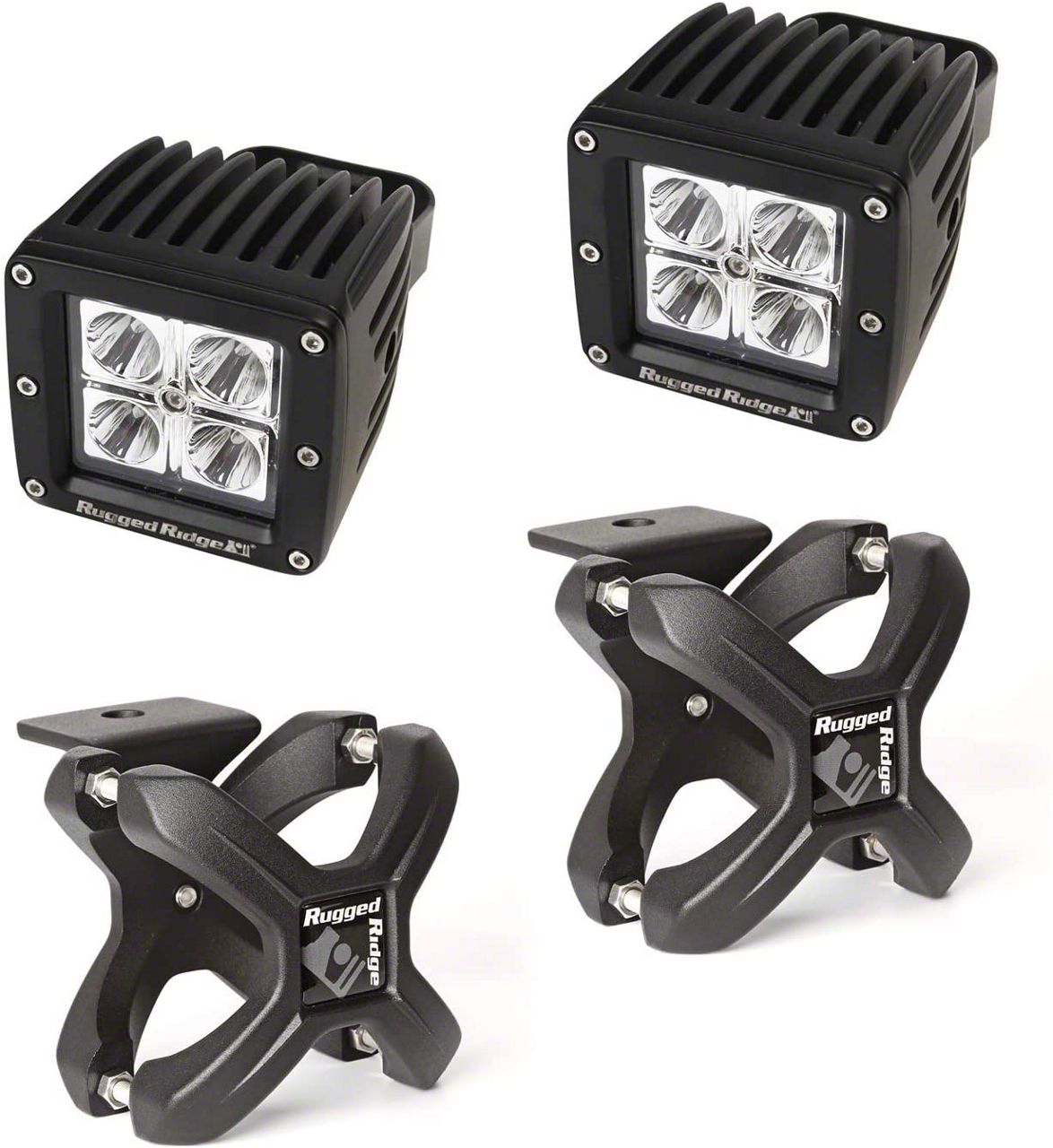 Rugged Ridge 3-Inch Square LED Light with Small X-Clamp Kit; Textured Black (Universal; Some Adaptation May Be Required)