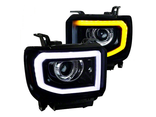 LED Bar Projector Headlights; Gloss Black Housing; Clear Lens (15-19 Sierra 2500 HD w/ Factory Halogen Headlights)