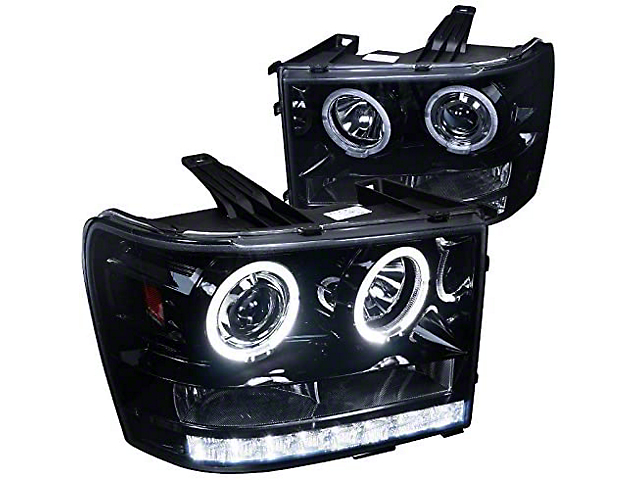 SMD Dual Halo Projector Headlights; Gloss Black Housing; Clear Lens (07-14 Sierra 2500 HD)