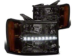 LED DRL Headlights with Amber Corner Lights; Chrome Housing; Smoked Lens (07-13 Sierra 1500)