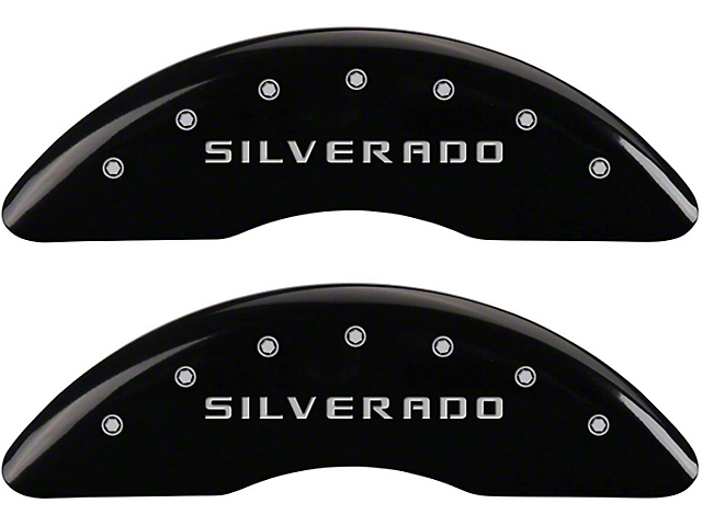 MGP Black Caliper Covers with Silverado Logo; Front and Rear (11-19 Silverado 2500 HD SRW)
