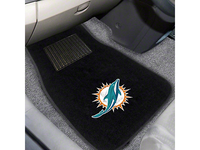 Embroidered Front Floor Mats with Miami Dolphins Logo; Black (Universal; Some Adaptation May Be Required)