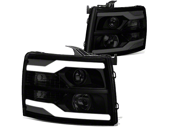 Dual LED DRL Projector Headlights with Clear Corner Lights; Black Housing; Smoked Lens (07-14 Silverado 2500 HD)