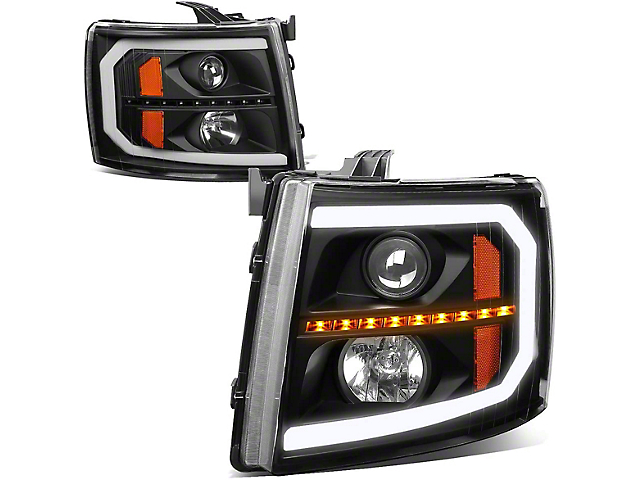 Sequential LED Turn Signal Projector Headlights with Amber Corner Lights; Black Housing; Clear Lens (07-14 Silverado 2500 HD)