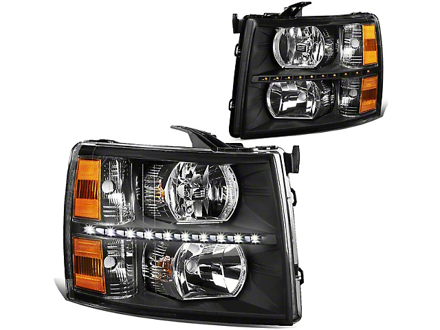 LED DRL Headlights with Amber Corner Lights; Black Housing; Clear Lens (07-14 Silverado 2500 HD)