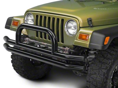 Barricade Double Tubular Front Bumper with Classic Over-Rider Hoop; Gloss Black (76-06 Jeep CJ, Wrangler YJ & TJ)
