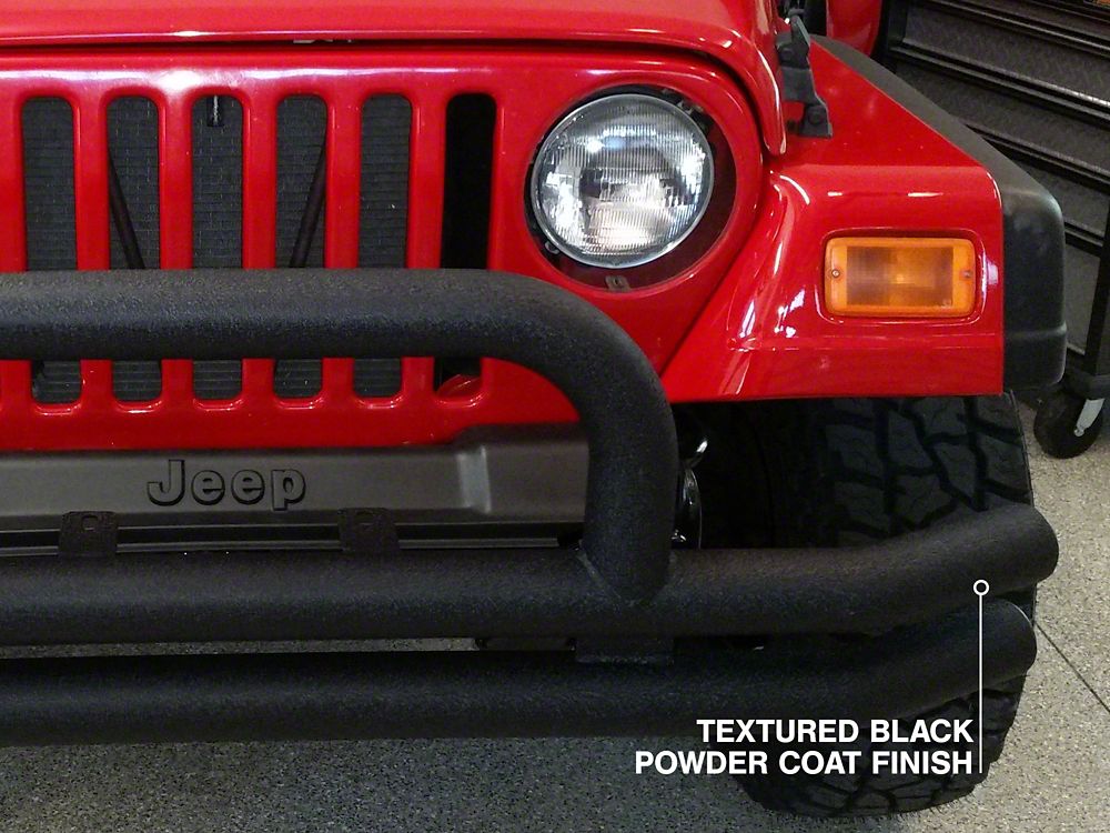 Barricade Double Tubular Front Bumper with Classic OverRider Hoop; Textured Black (7606 Jeep