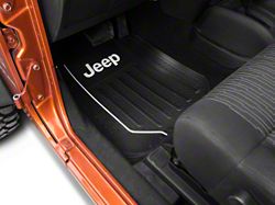 Elite Front Floor Mats with Jeep Logo; Black (66-23 Jeep CJ5, CJ7, Wrangler YJ, TJ, JK & JL)