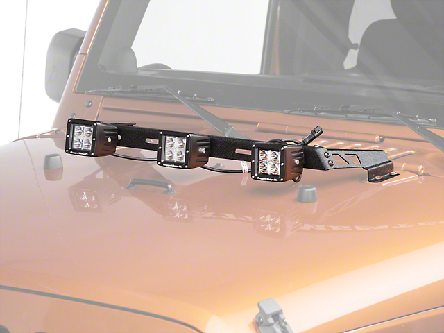 Rugged Ridge 3-Inch Square LED Lights with Textured Black Hood Mounted Light Bar (07-18 Jeep Wrangler JK)