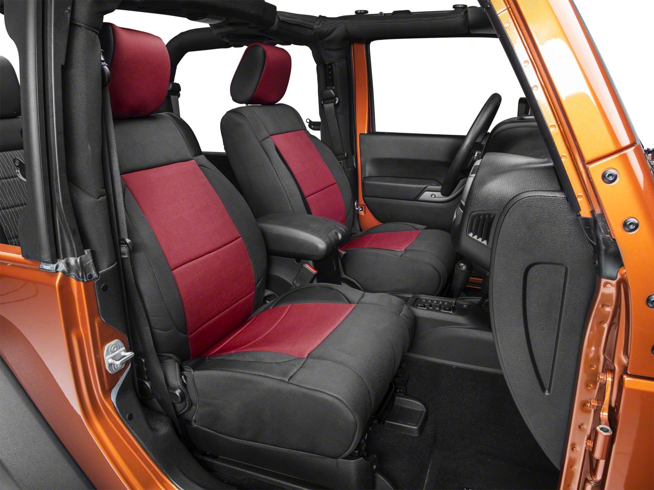 Smittybilt Neoprene Front and Rear Seat Covers; Black/Red (07-18 Jeep Wrangler JK)
