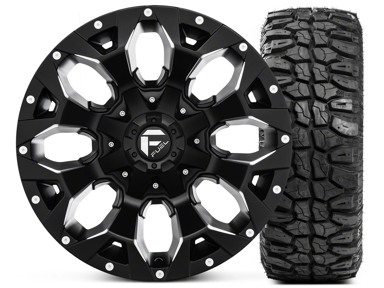 Fuel Wheels Wrangler Assault Black Machined Wheel 17x9 and Mudclaw M/T
