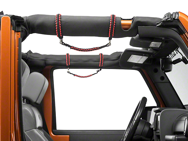 RedRock Front Rollbar Paracord Grab Handles with D-Rings; Black and Red (07-18 Jeep Wrangler JK)