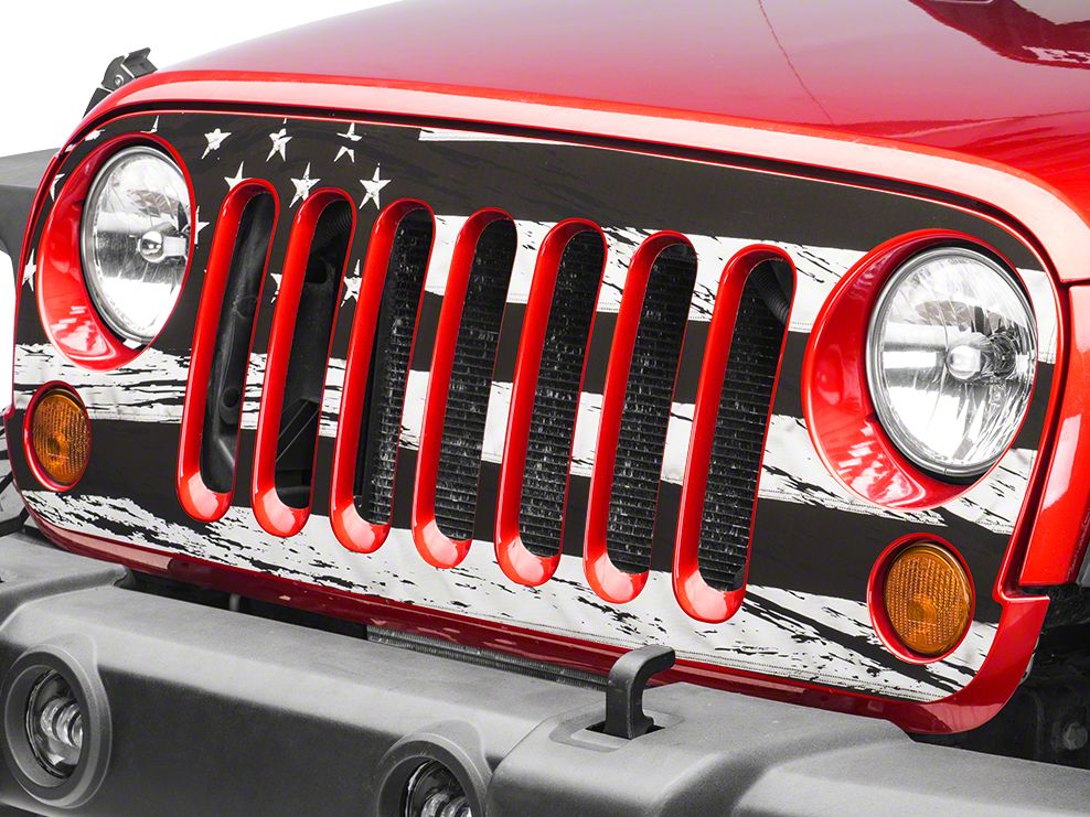 Jeep Wrangler Distressed Black And White American Flag Grille Decal 07