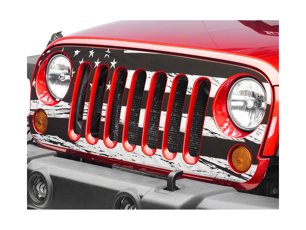 SEC10 Jeep Wrangler Distressed American Flag Grille Decal; Black and White  J106116 (07-18 Jeep Wrangler JK)