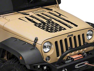 SEC10 Jeep Wrangler Distressed American Flag Hood Decal; Matte Black  J106242 (07-18 Jeep Wrangler JK)