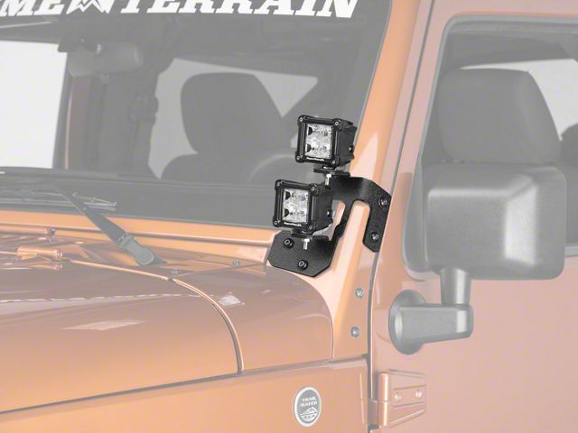 Rugged Ridge 3-Inch Square Dual Beam LED Lights with Textured Black A-Pillar Mounting Brackets (07-18 Jeep Wrangler JK)