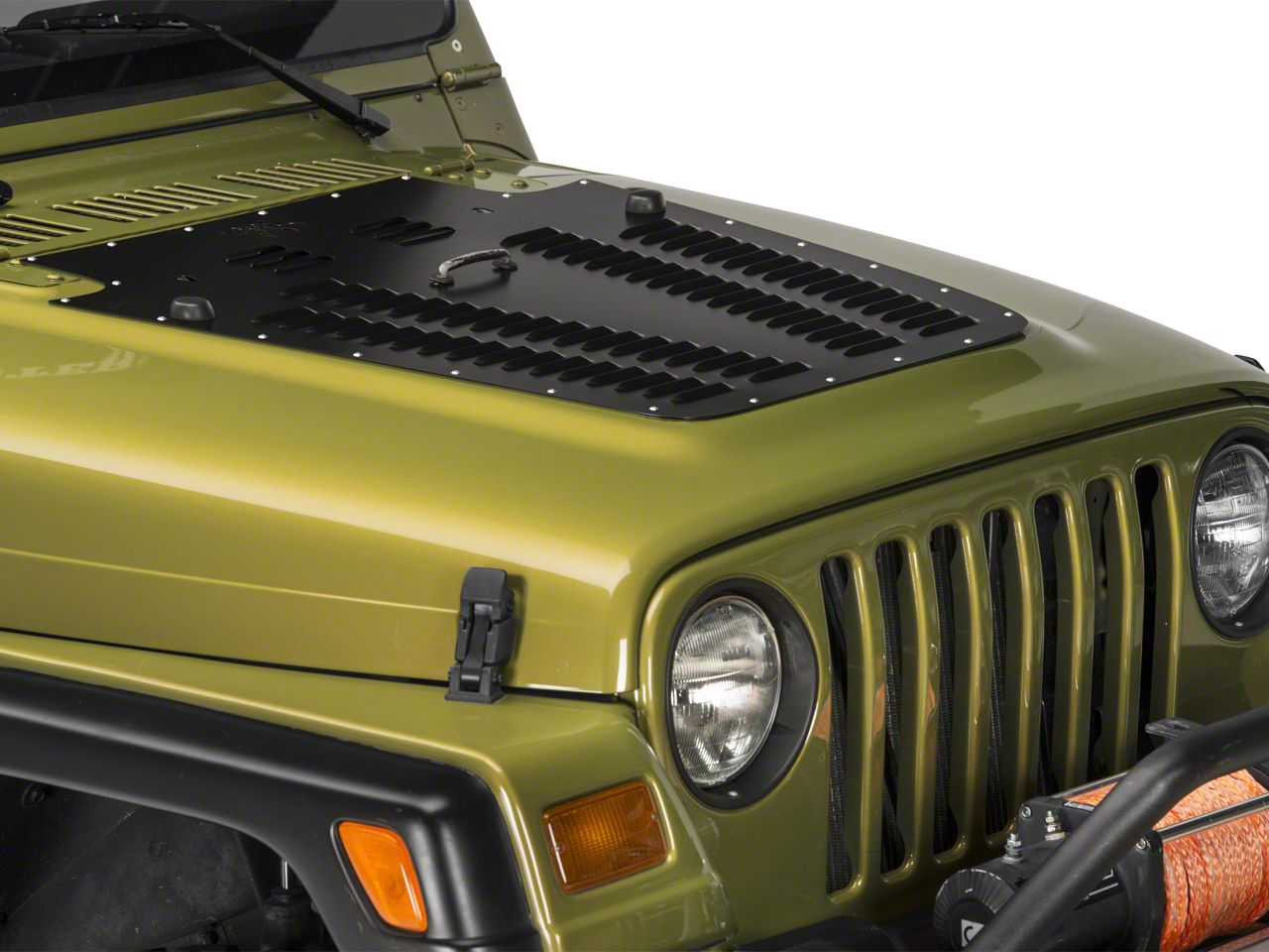 thumbnail interactive-video image 1 of Vented Hood Louver – Jeep Wrangler TJ/LJ 2003-2006, Black Powder Coat, Aluminum, Hardware Included 1 of 2