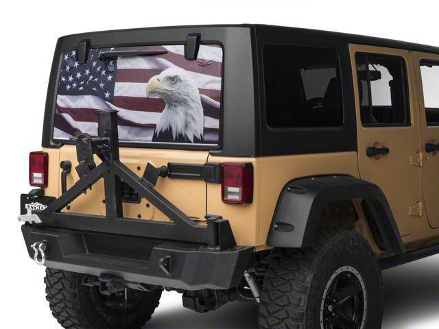 SEC10 Perforated Flag and Eagle Rear Window Decal (66-24 Jeep CJ5, CJ7, Wrangler YJ, TJ, JK & JL)