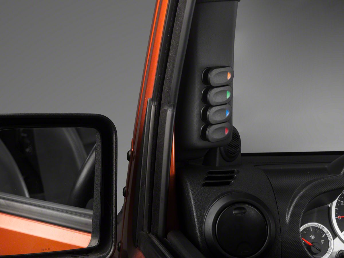 Rugged Ridge Jeep Wrangler Black A-Pillar Switch Pod w/ 4 Rocker Switches -  Left Hand Drive  (07-10 Jeep Wrangler JK)