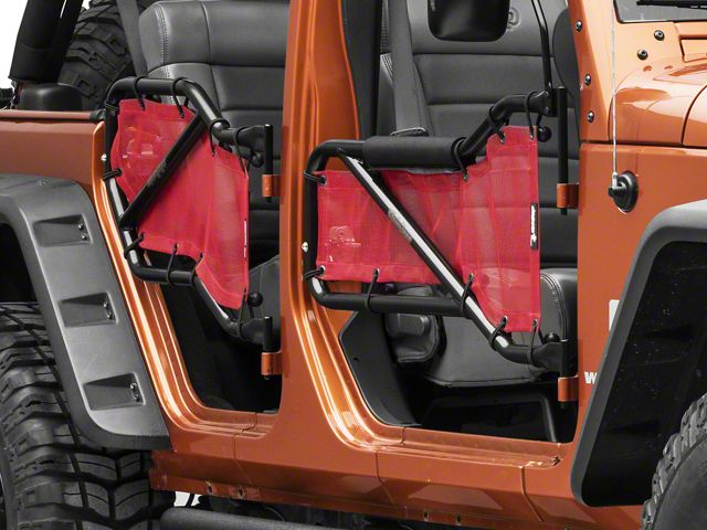 Steinjager Front and Rear Tube Doors; Black and Red Mesh (07-18 Jeep Wrangler JK 4-Door)