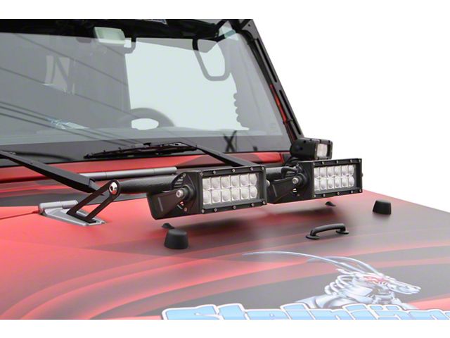 Steinjager Two 8-Inch LED Light Bars with Hood Hinge Mounting Brackets; Black (07-18 Jeep Wrangler JK)