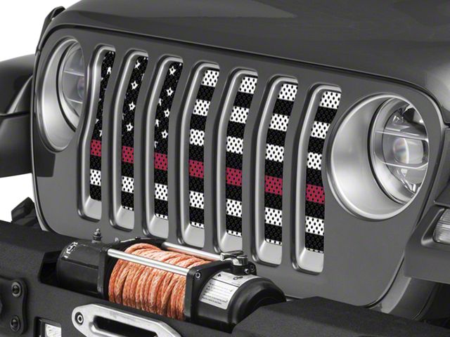 Under The Sun Inserts Grille Insert; Black and White Thin Red Line (18-23 Jeep Wrangler JL w/o TrailCam; 2024 Jeep Wrangler JL Sport)