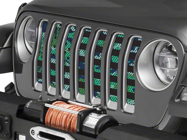 Under The Sun Inserts Grille Insert; Blue Green Camo Stars and Stripes (18-23 Jeep Wrangler JL w/o TrailCam; 2024 Jeep Wrangler JL Sport)